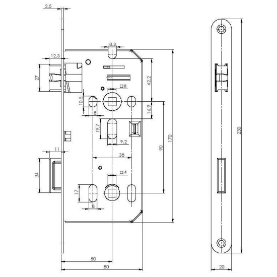 MP - Zadlabací zámek WC 90/80 - C 4350 pozink L/P | Bílý pozink