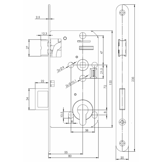 MPK - Zadlabací zámek PZ 72/80 - D 2155 L/P | Bílý pozink